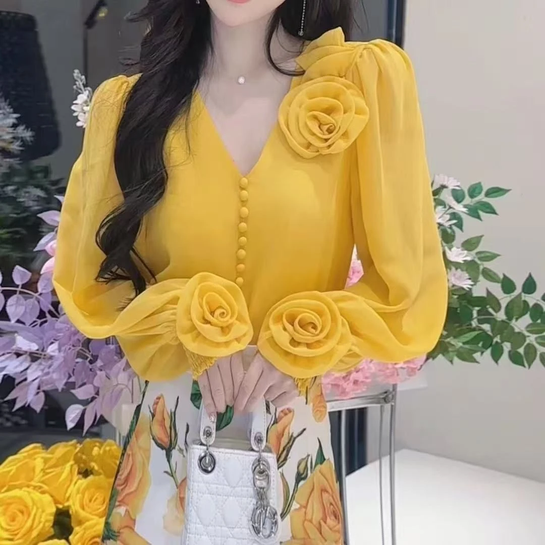 法式优雅名媛气质立体花朵高级感长袖女2025春季新款潮流上衣