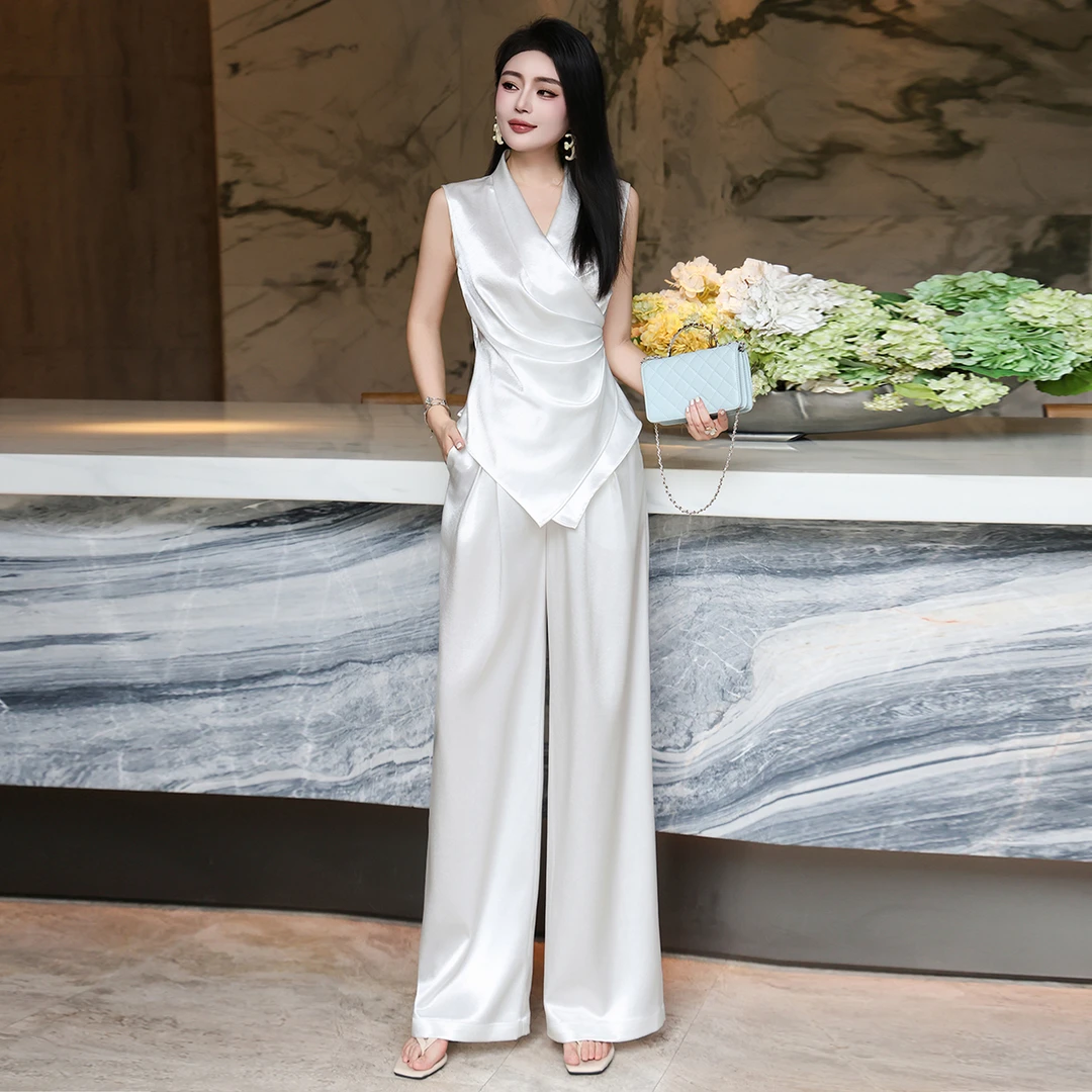 欧洲站女装法式优雅不规则轻奢显瘦背心上衣阔腿裤套装夏两件套