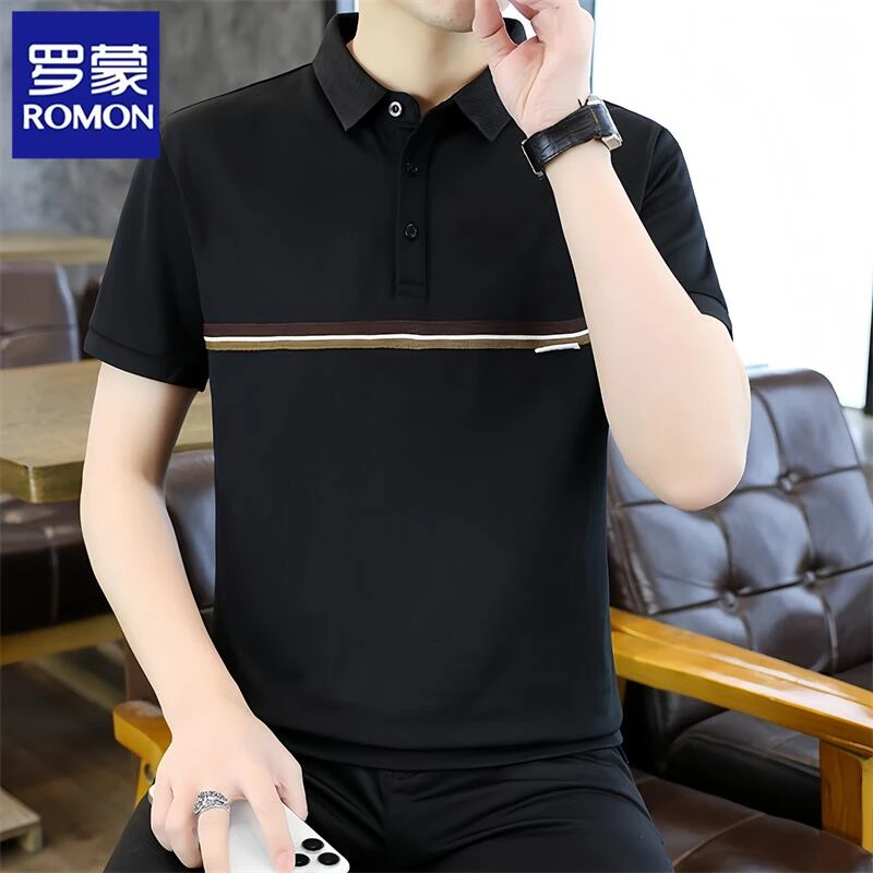 Romon/罗蒙新款男士短袖T恤时尚百搭翻领Polo衫夏季修身半袖上衣