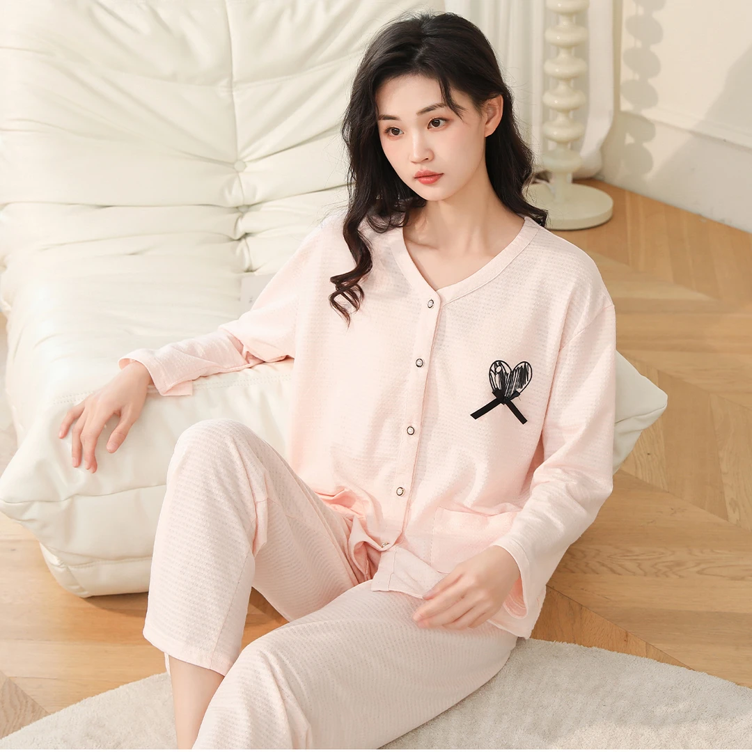 【34棉】紫色花语女士V领长袖小香风撞色睡衣套装家居服S4AD3306