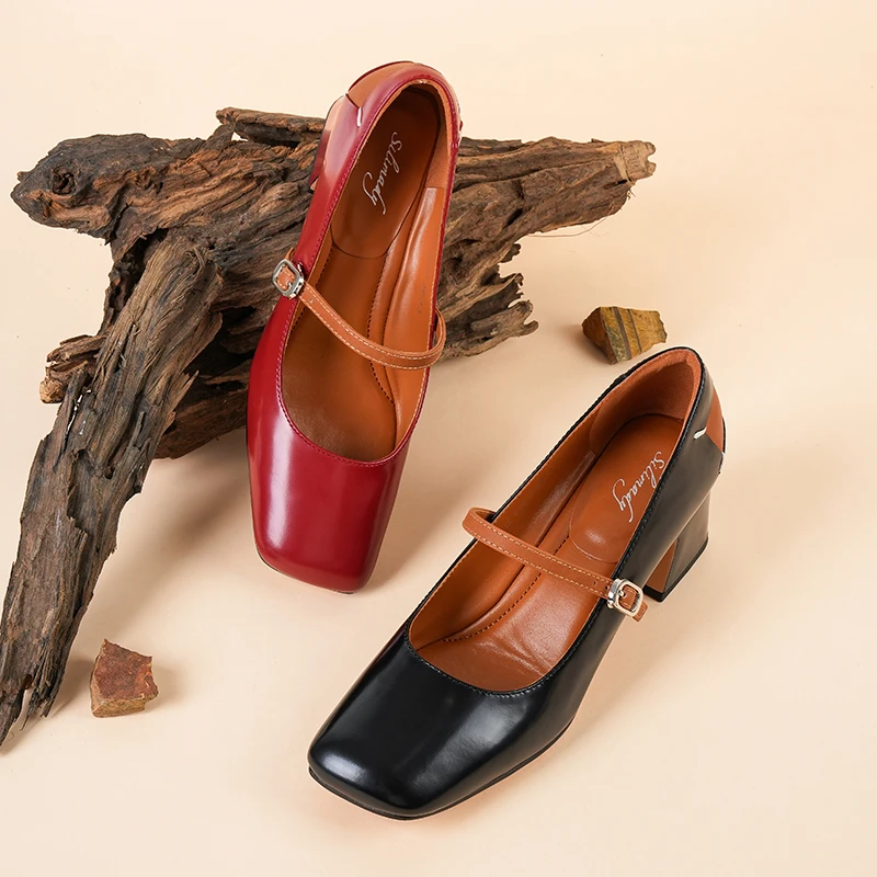 新款法式方头浅口真皮单鞋粗跟气质百搭一字带玛丽珍鞋