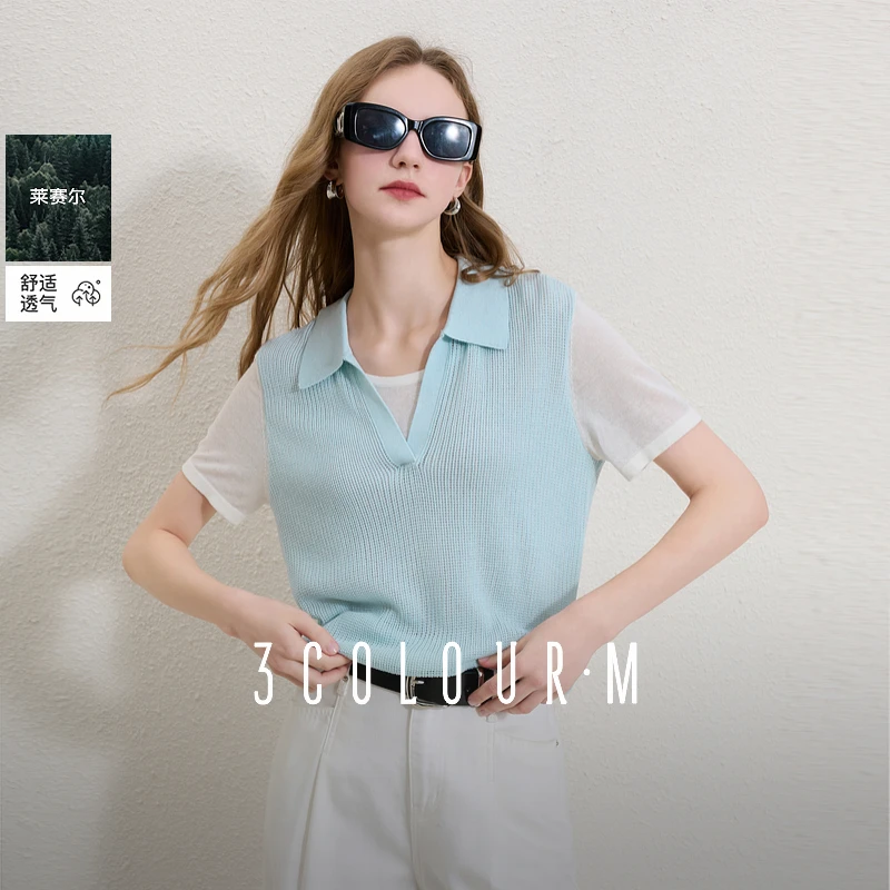 【莱赛尔+亚麻】三彩2025夏季假两件Polo针织衫短袖设计感女M0147
