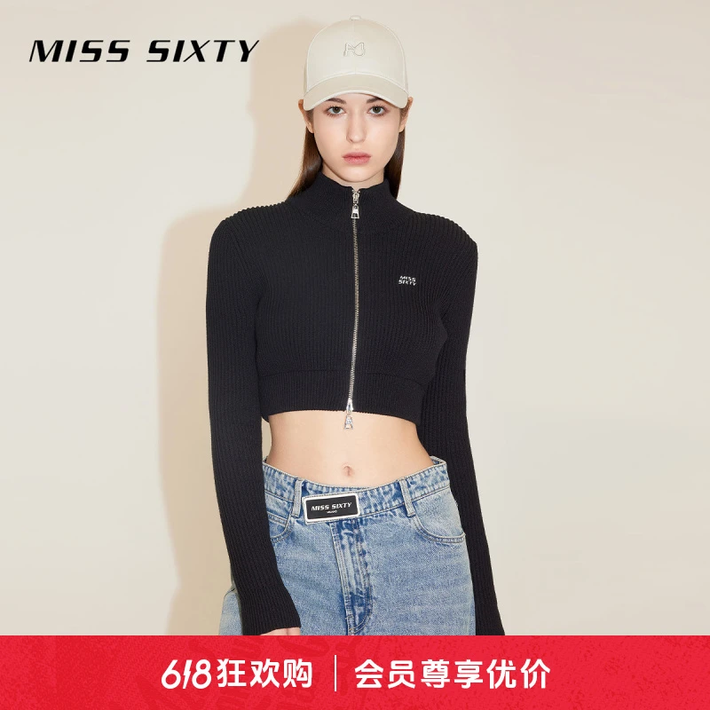 Miss Sixty春季新款毛织外套女双头拉链短款简约百搭显瘦纯色