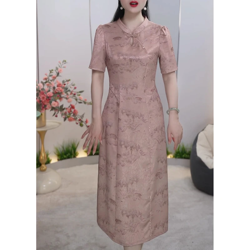 气质优雅国风短袖连衣裙女夏季2025新款妈妈高端洋气改良旗袍裙子