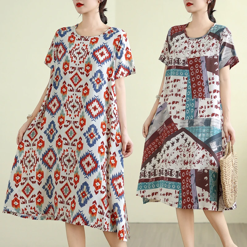 大码夏季新款宽松遮肚显瘦减龄印花裙子连衣裙棉绸胖MM长裙女裙子