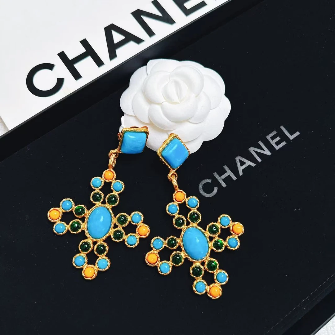 95新 Chanel/香奈儿 柚礼中古/香奈儿蓝彩釉十字耳夹CQ407005