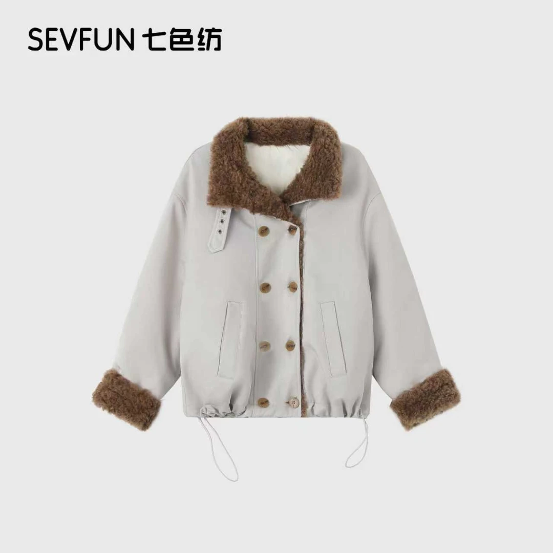 七色纺立领拼接冬季时尚宽袖翻领女皮毛拼接羽绒短外套QSF-1166