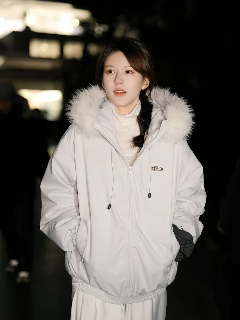 赵露思同款白灰色毛领棉服女冬季2025新款宽松加厚派克服棉衣外套