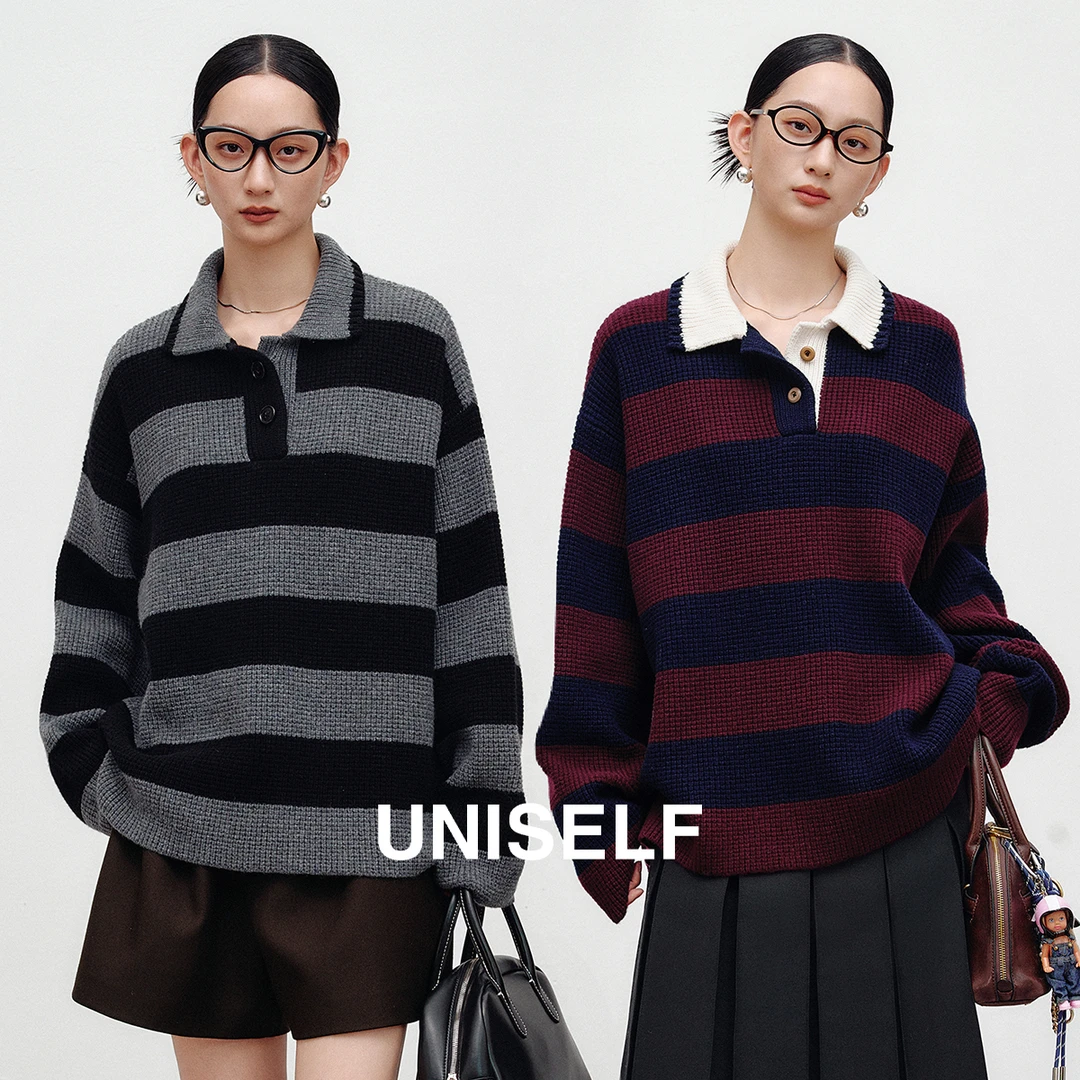 UNISELF复古粗针纯羊毛华夫格学院风宽条纹POLO廓形毛衣101110