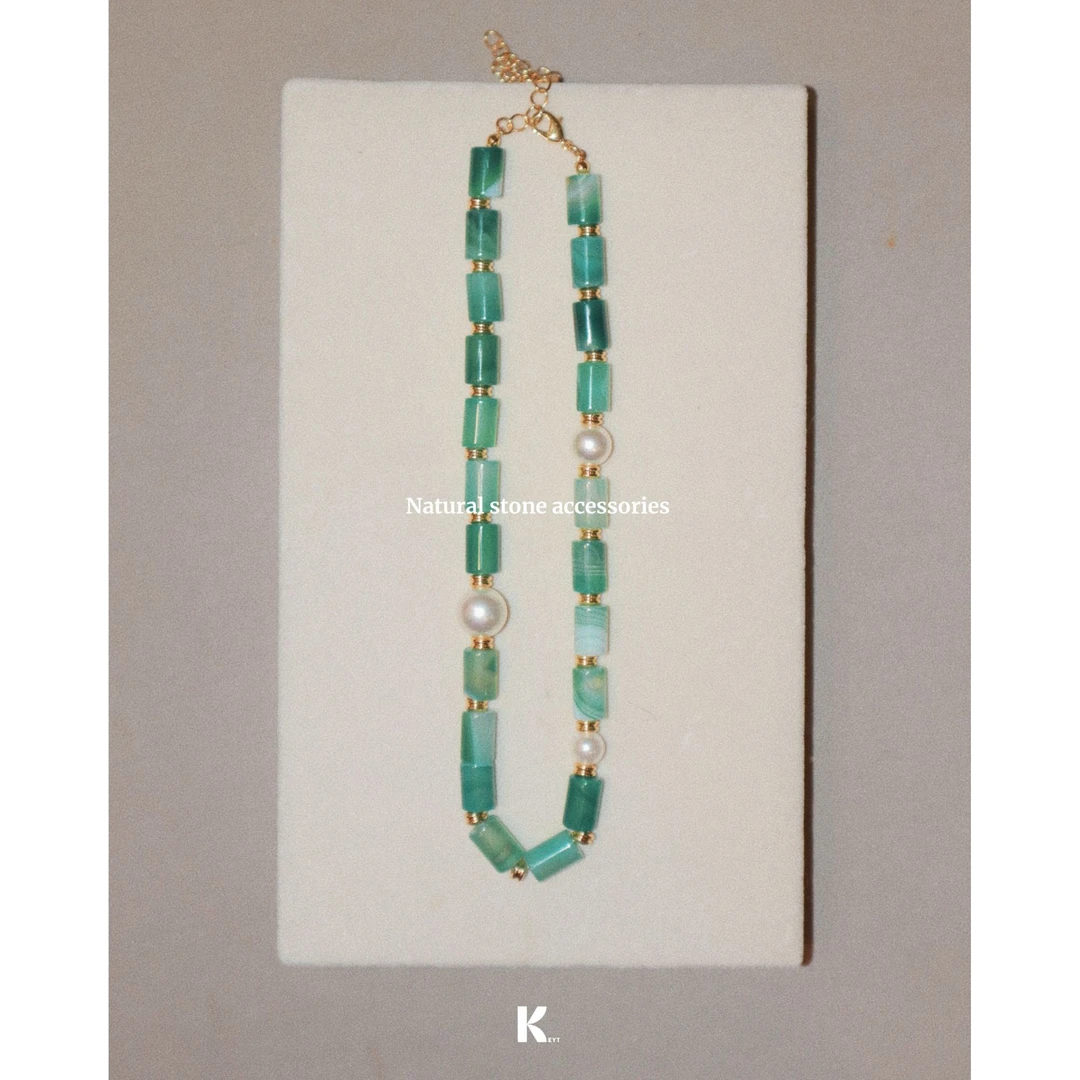KEYT 铜合金项链 绿色石子白珠拼接造型项链