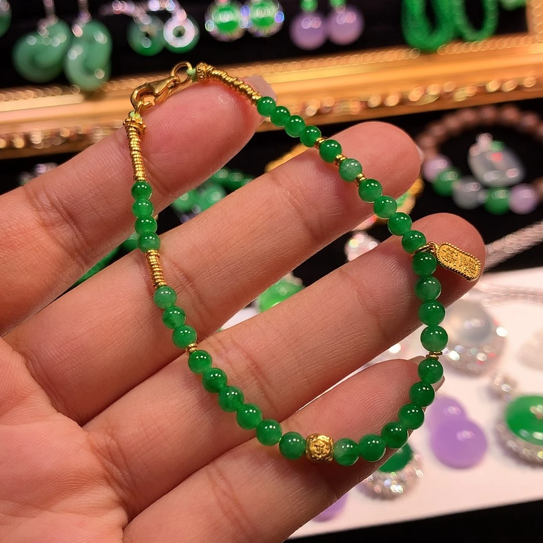 足金镶嵌手链翡翠缅甸翡翠手链足金镶嵌