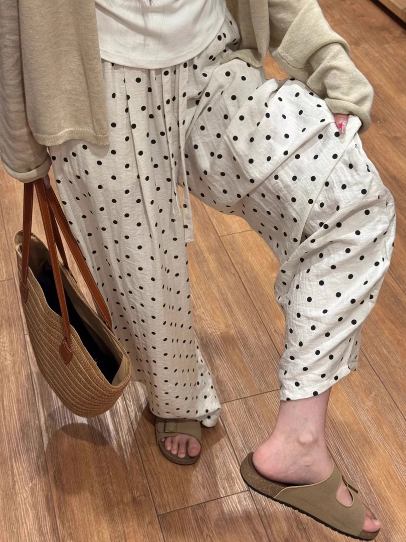 波点阔腿裤女夏日薄款松弛感裤子大码胖mm高腰显瘦天丝亚麻弯刀裤