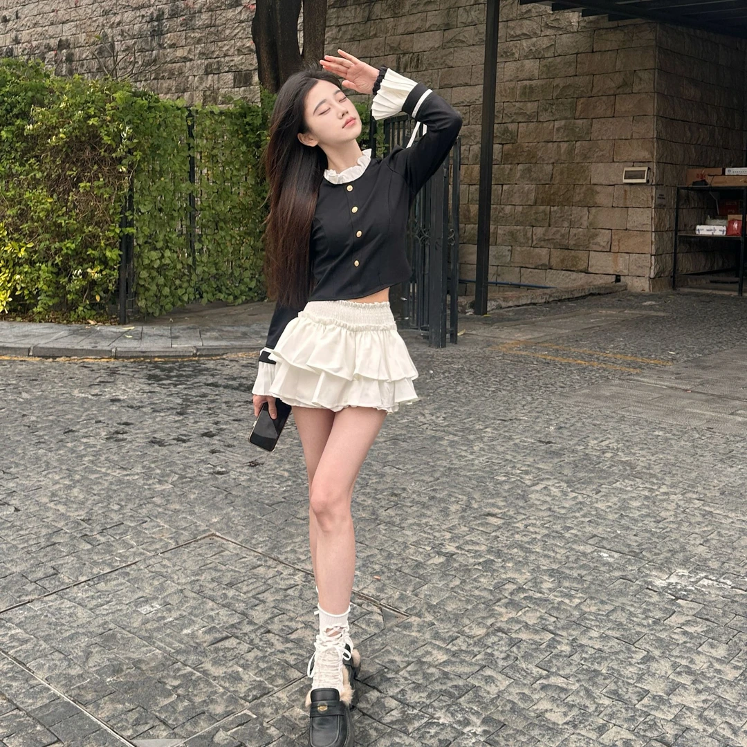 Susu新 七班学姐 学院风修身花边领系带上衣衬衫弹力蛋糕裤裙套装