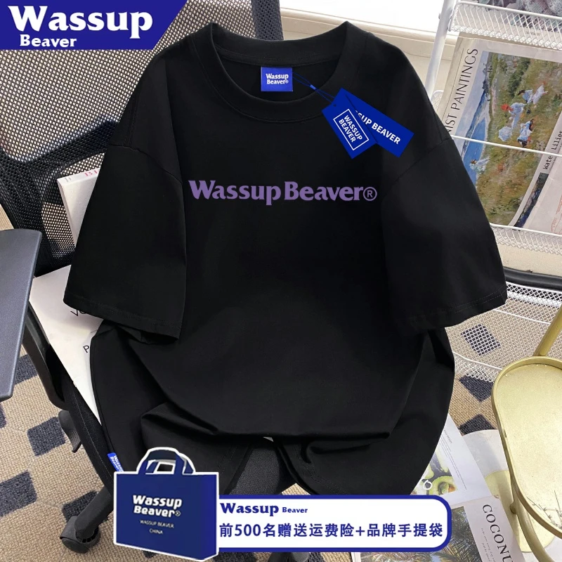 WASSUP BEAVER重磅纯棉潮牌运动短袖t恤男款2025新款情侣宽松上衣