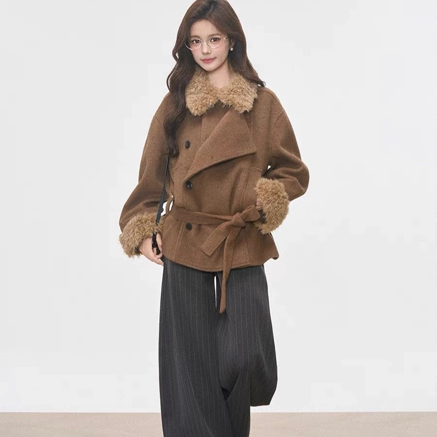 毛领毛袖呢子大衣女2025新款毛呢外套小个子赫本风高级感短款韩系