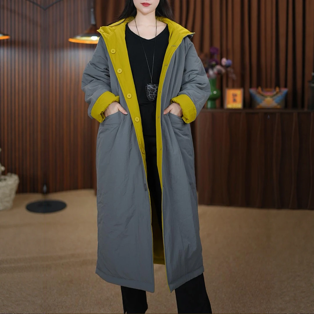 韩系休闲连帽棉服外套女2025秋冬新款双面双穿保暖中长款显瘦风衣