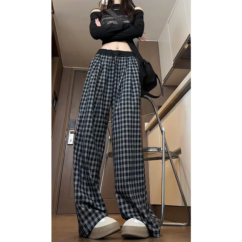 黑白格子阔腿裤女春季2025新款高腰宽松慵懒风休闲直筒裤