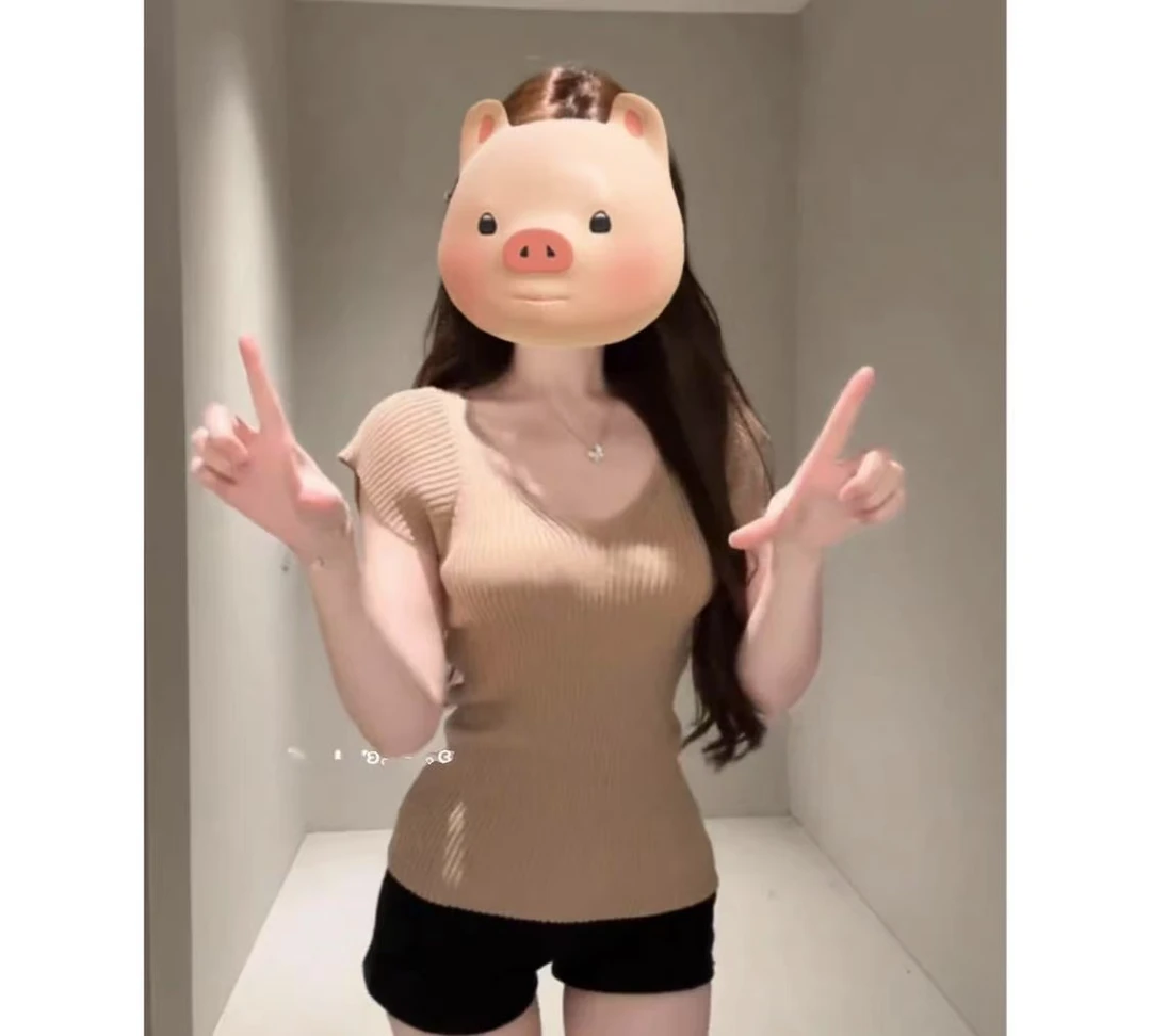 法式领小飞袖针织短袖恤女夏季新款小个子修身短上衣百搭针织衫