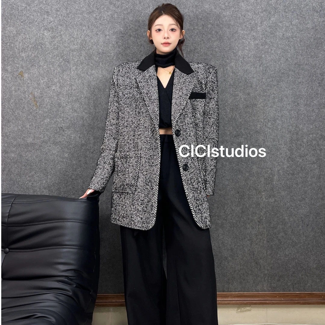 CICI口袋拼接常规款一粒扣宽松型西装毛呢秋季韩版休闲西服