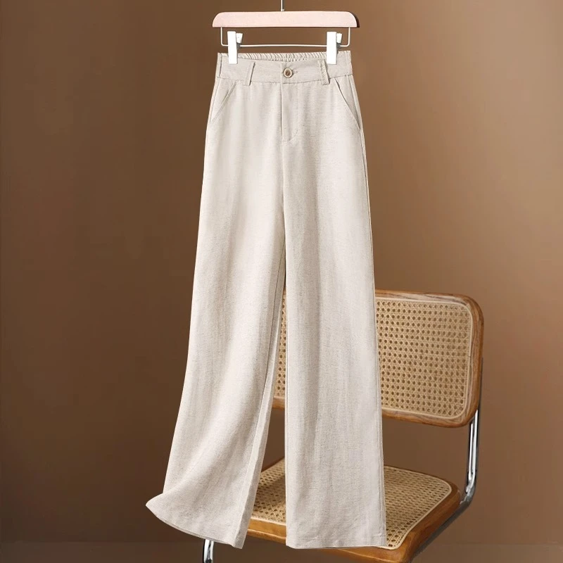 亚麻裤子女春秋苎麻窄版直筒裤2025新款高腰天丝薄款棉麻阔腿裤子