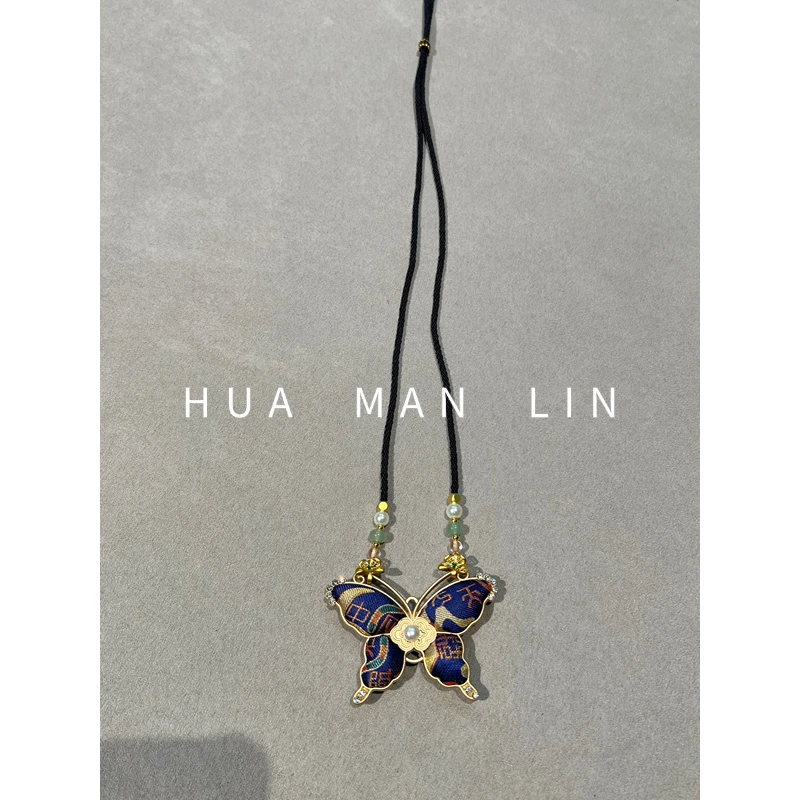 【花滿林】深蓝色蝴蝶桑蚕丝项链挂件2030【不定位花色】