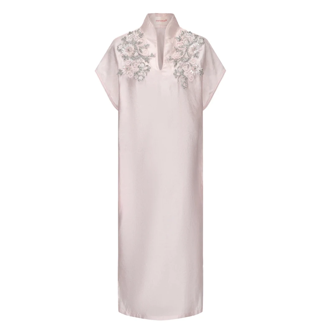 JUNYANG杨君杏花露白珠绣中式立领连衣裙