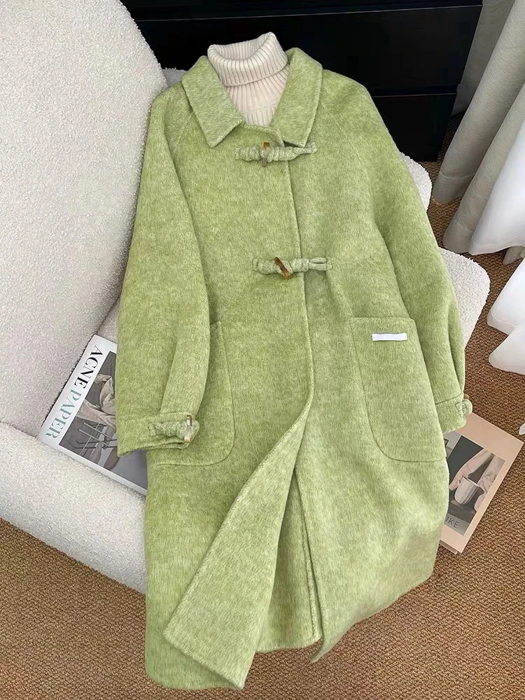 粉色双面羊绒大衣女中长款高级感宽松显瘦双面2024新款毛呢外套