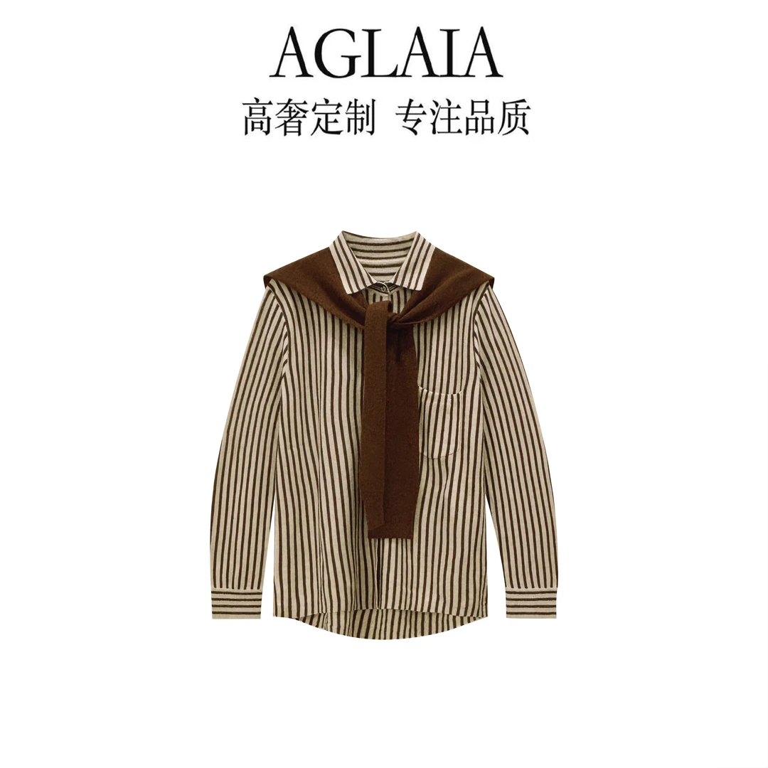 AGLAIA-新款法式复古条纹披肩时尚气质显瘦翻领百搭针织衬衫6213