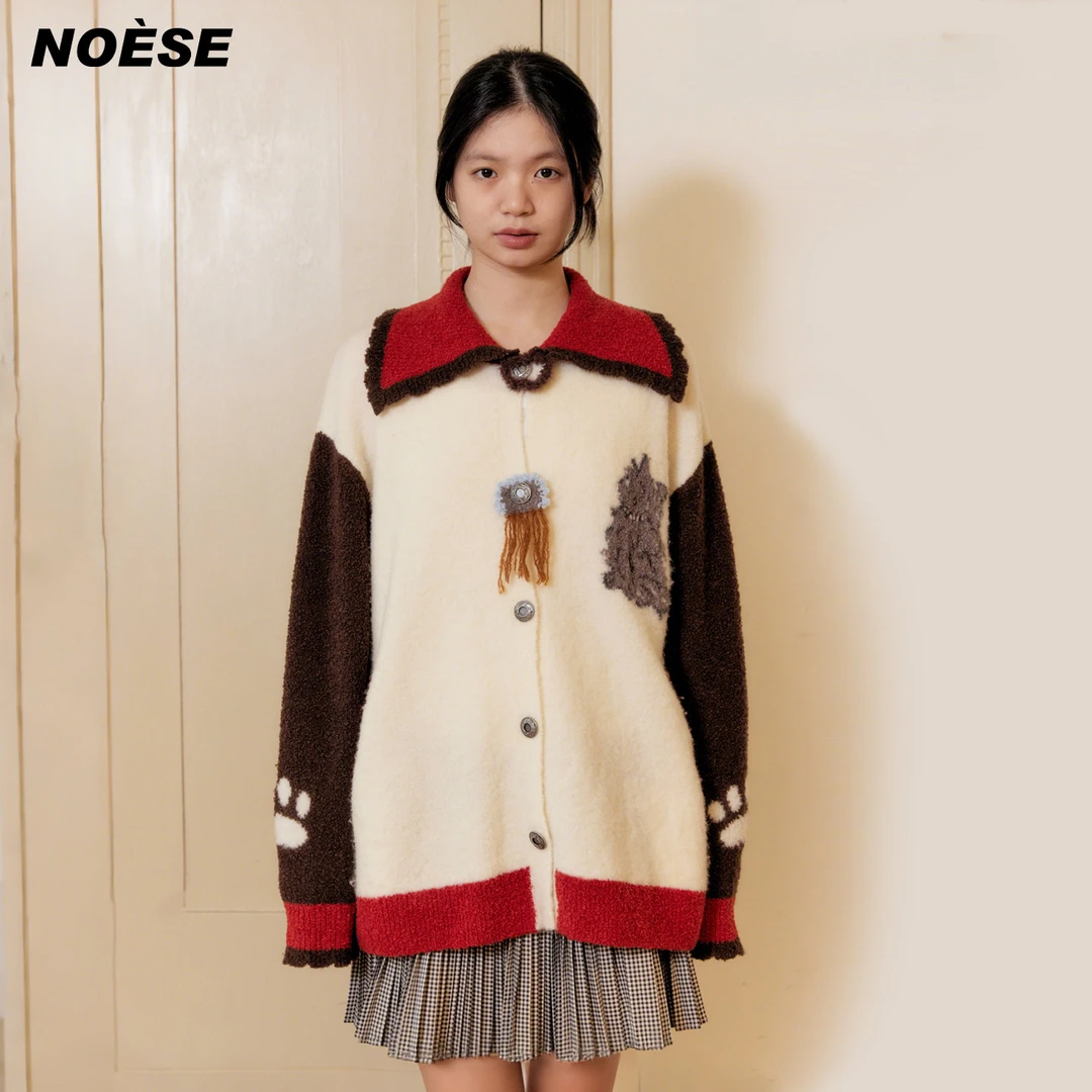 Noese复古有钱小猫撞色设计毛衣翻领款猫咪提花外套时髦毛衣女