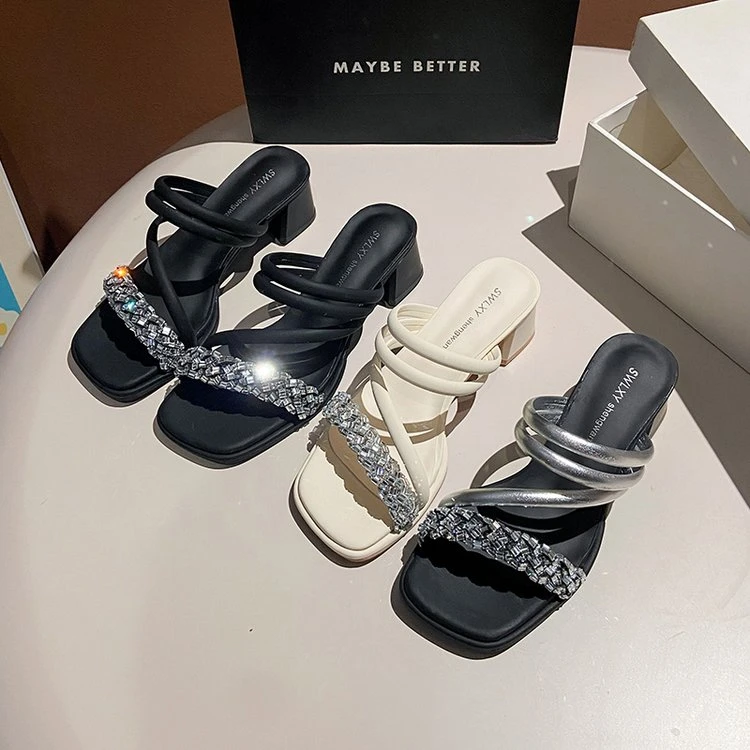 水钻凉拖鞋女外穿露趾半拖2025新款一字带仙女配裙子高跟凉鞋粗跟
