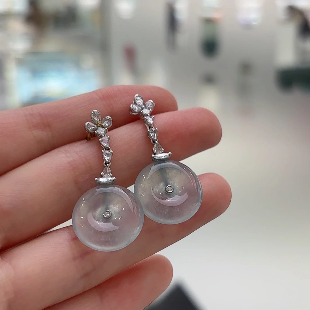 翡翠铂Pt950镶嵌耳饰翡翠平安扣耳饰多人不退不换