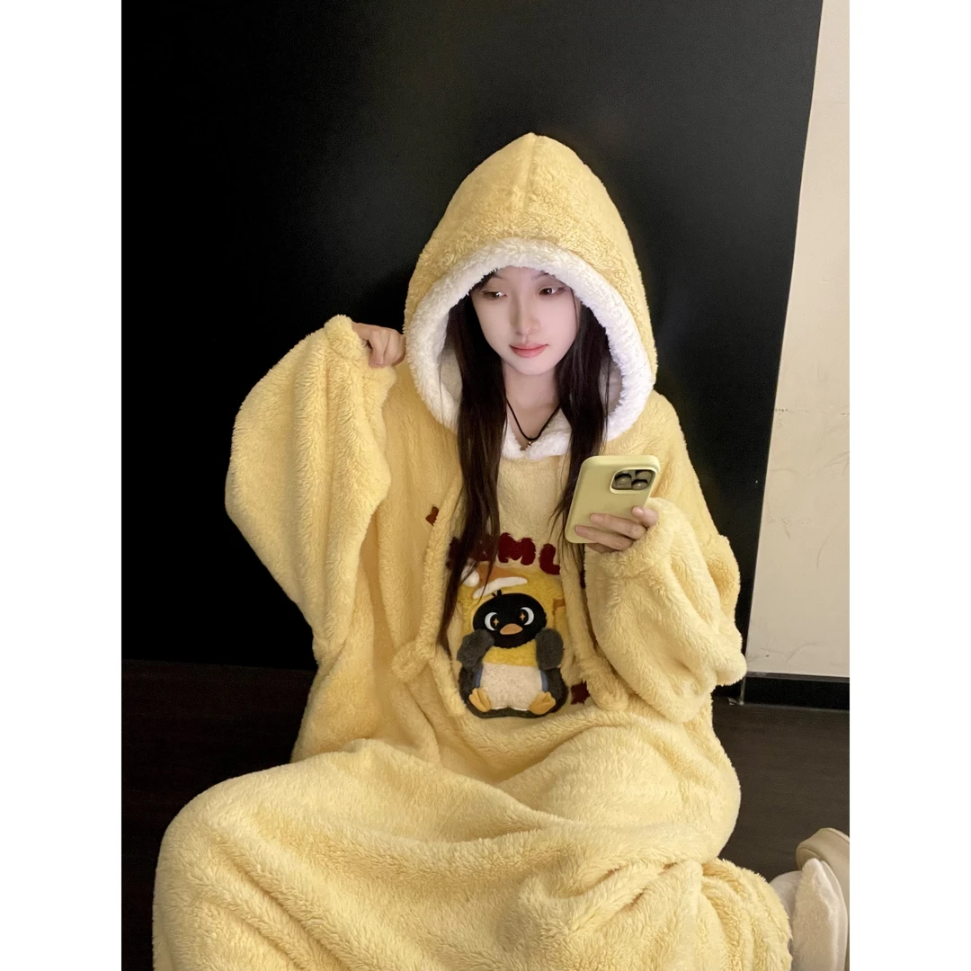 卡通企鹅半边绒秋冬季新款保暖睡裙女甜美可爱加厚家居服睡裙套装