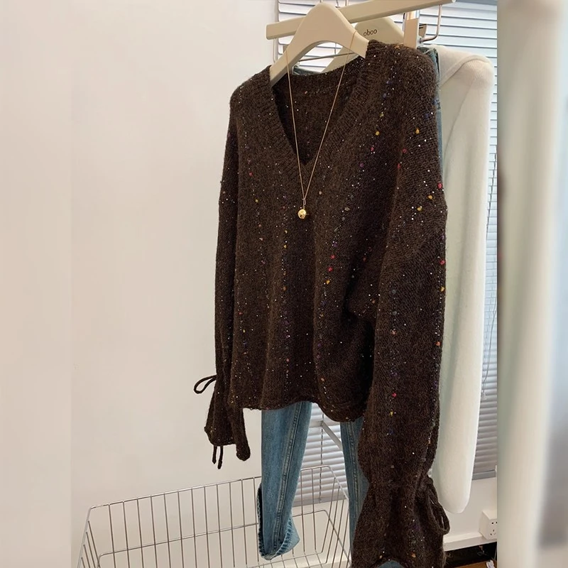复古v领套头长袖外穿毛衣女秋季新款大码胖mm高级感慵懒宽松上衣