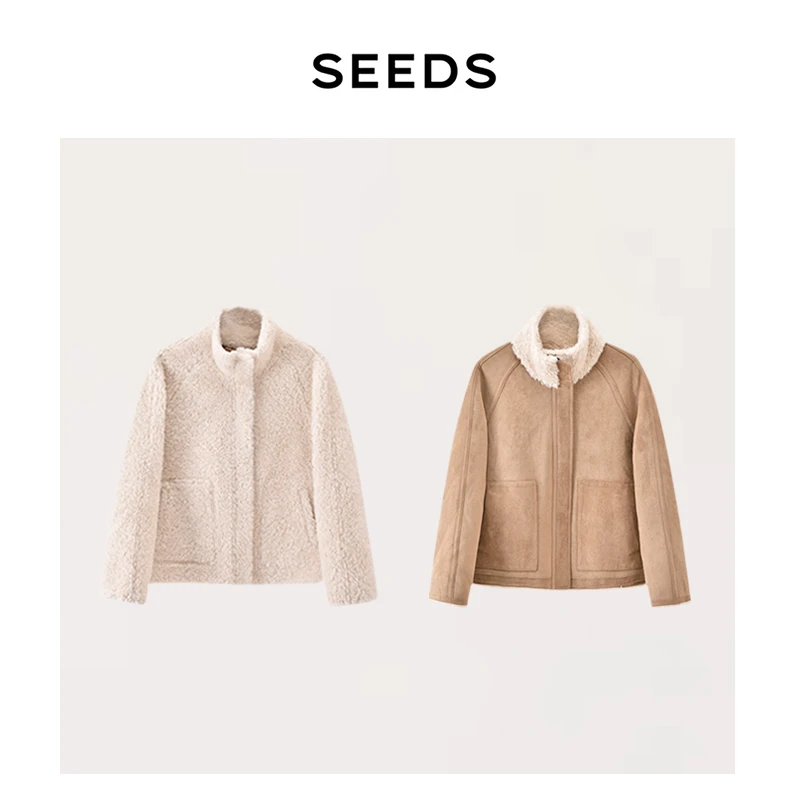 【帕丁顿】SEEDS 双面穿！绵羊毛颗粒绒复古北欧立领皮毛一体外套