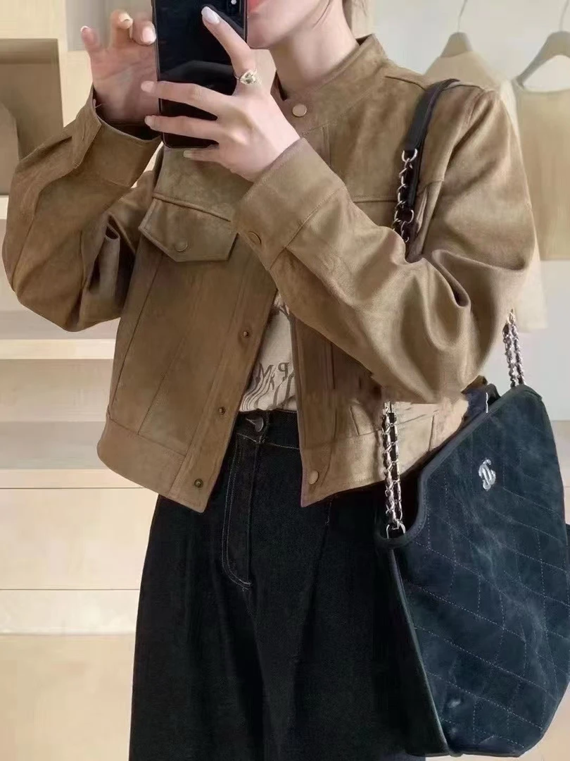 纽扣压格纯色复古港风短款短外套韩版休闲网红女装
