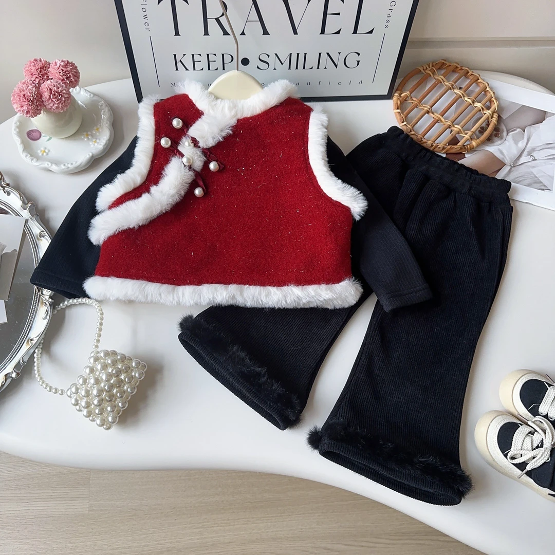 女童马甲套装冬季新款新年服加厚加绒马甲喇叭裤AWA823-AWA825