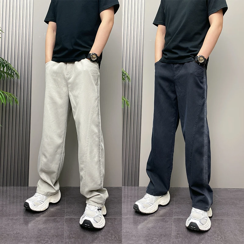 男秋季款宽松复古休闲直筒裤美式立体剪裁牛仔弯刀裤痞帅阔腿长裤