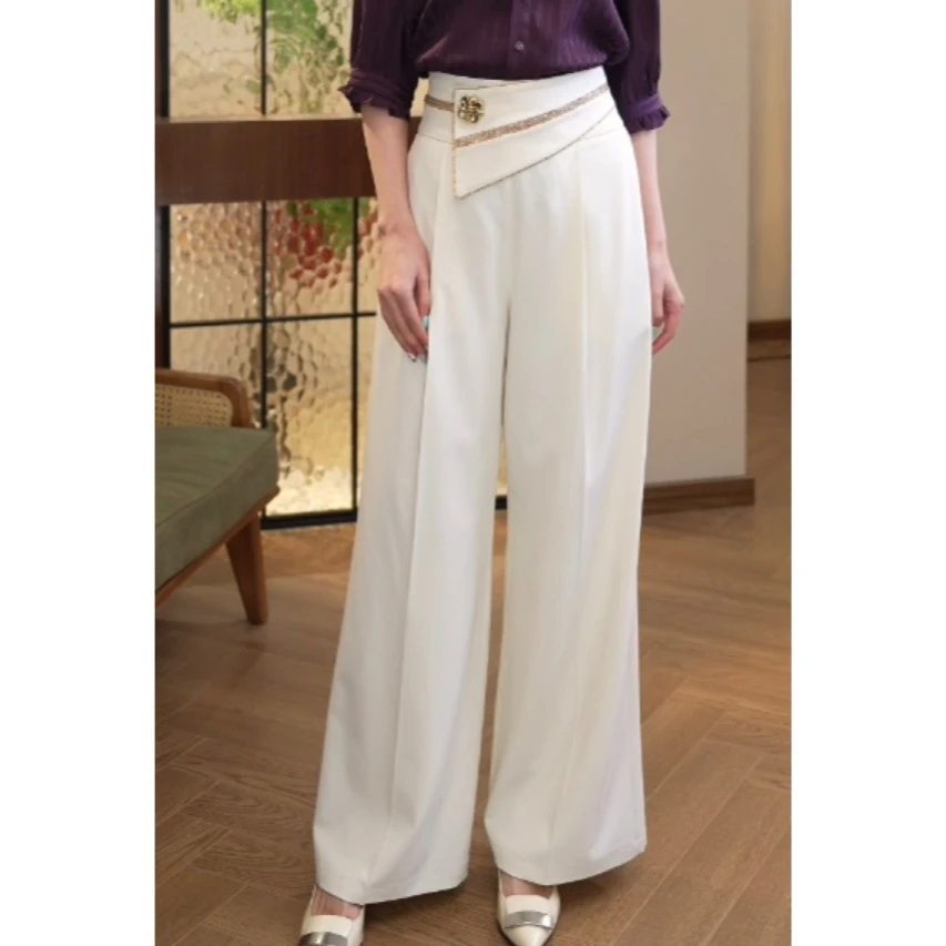 现货2025年春秋新款女【QQ-X1018】高腰直筒垂感米白色烫钻西装裤子