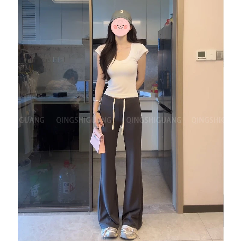 纯欲风领领收腰正肩短袖T恤女夏修身高级感薄款垂坠感休闲裤套装