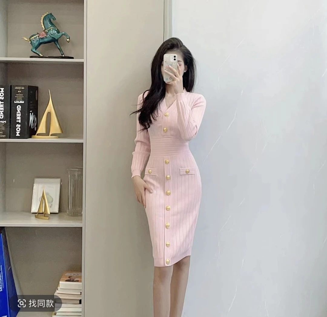（298）名媛春季秋冬时尚女装收腰针织连衣裙连衣裙小香风