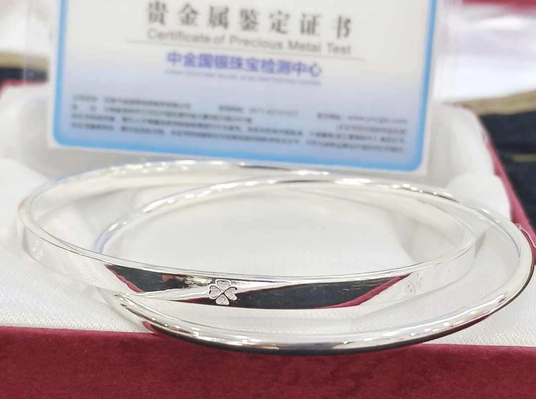 足银手镯 足银双环四叶草手镯闭口纯银手镯简约百搭