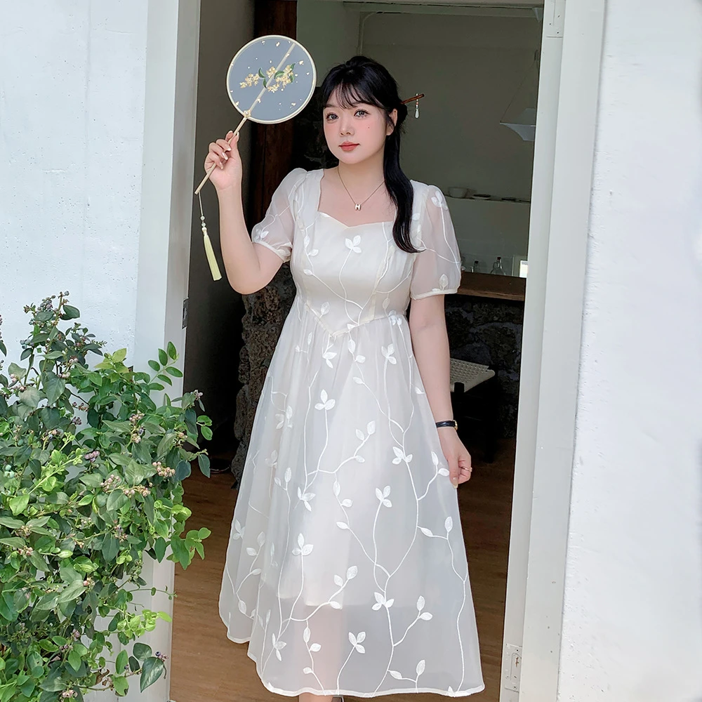 大码女装200斤胖mm夏季气质收腰宽松显瘦甜美长款方领A字连衣裙子