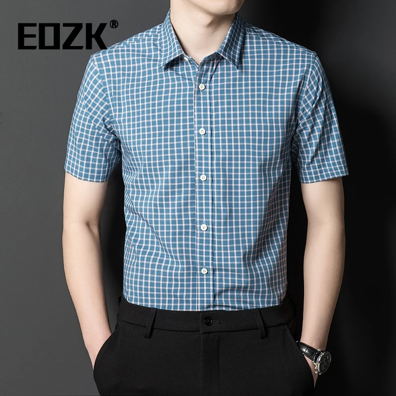 Eozk男装短袖衬衫夏季薄款2025格子中年男士时尚休闲衬衣商务高端