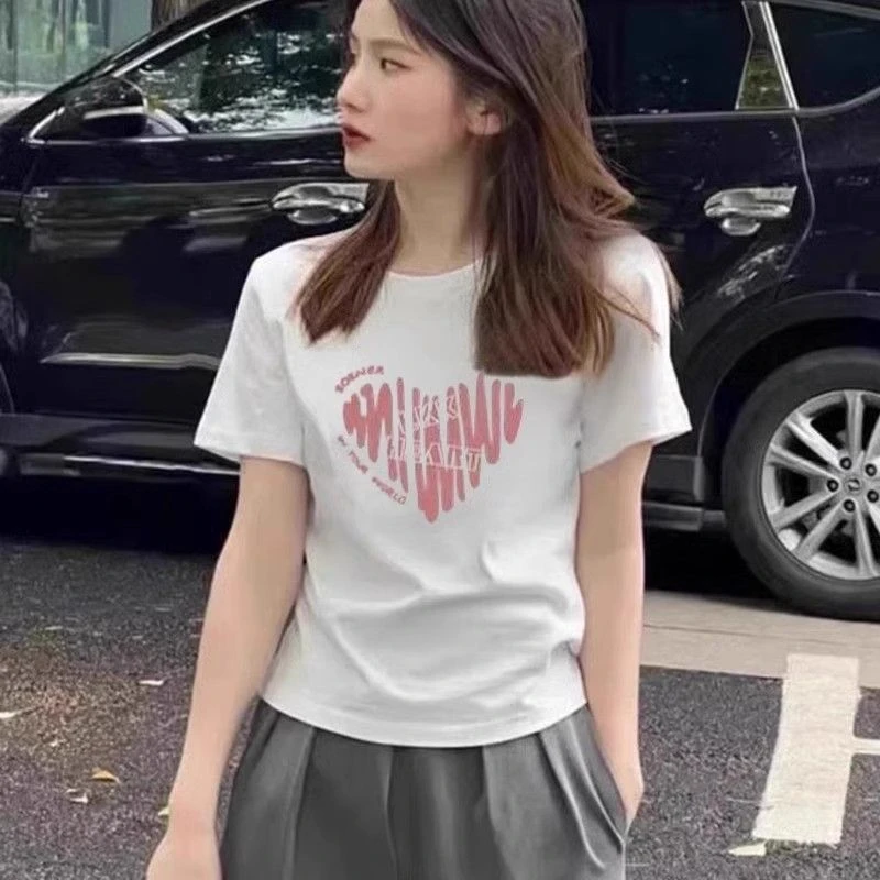 欧货正肩2025新款印花短袖t恤女圆领修身显瘦美式复古打底上衣女