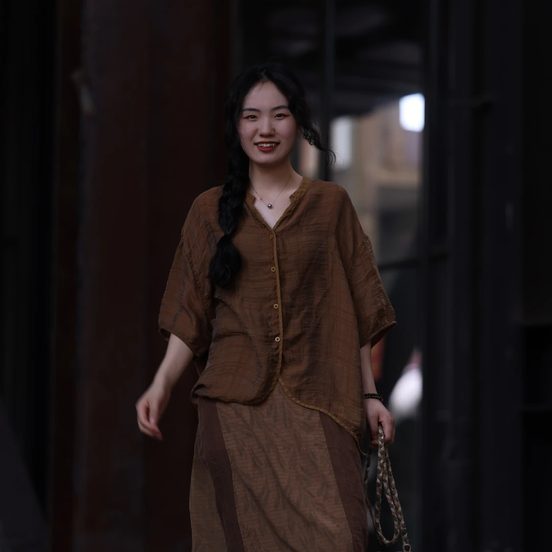 衣路走来原创设计薄款丝麻锦纶文艺格子短袖上衣38845