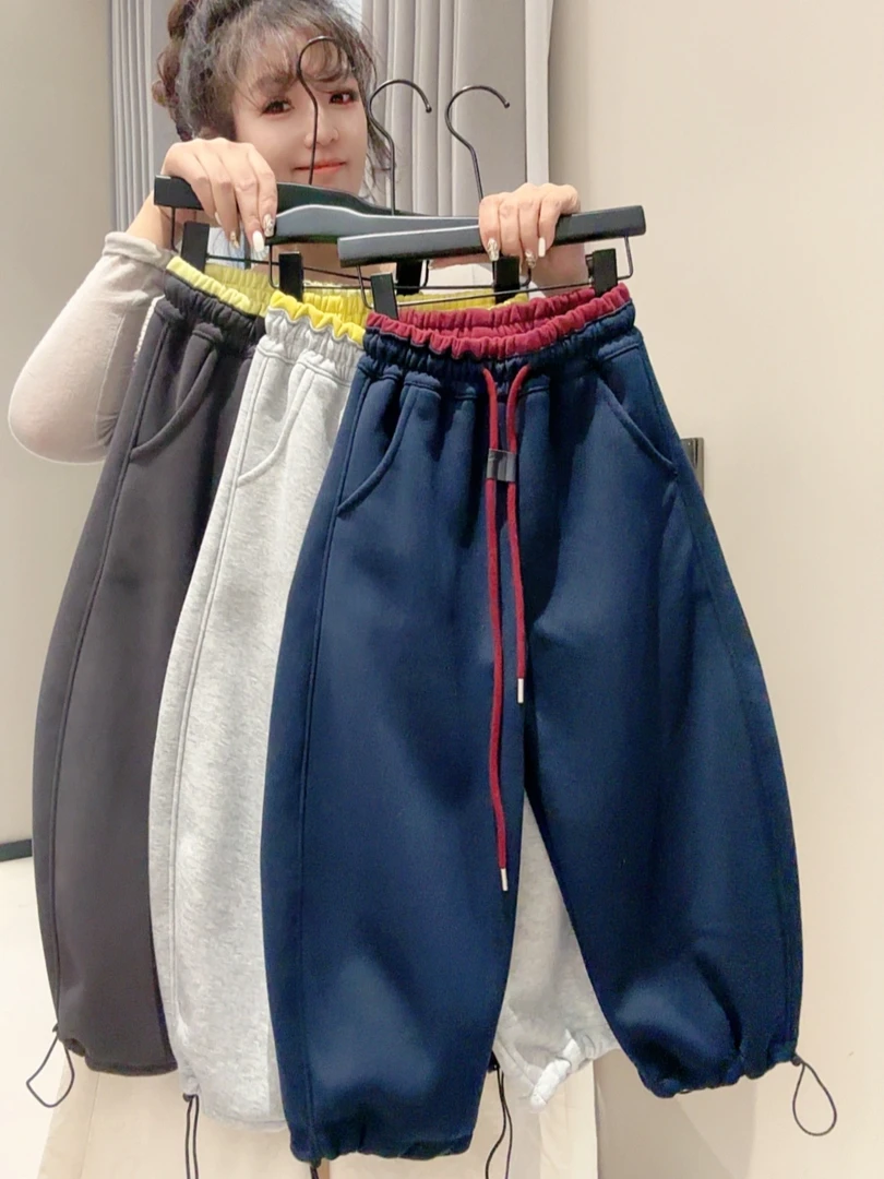 【温暖加倍】加绒冬款男女童休闲宽松运动弯刀裤LenKid—撞色1102