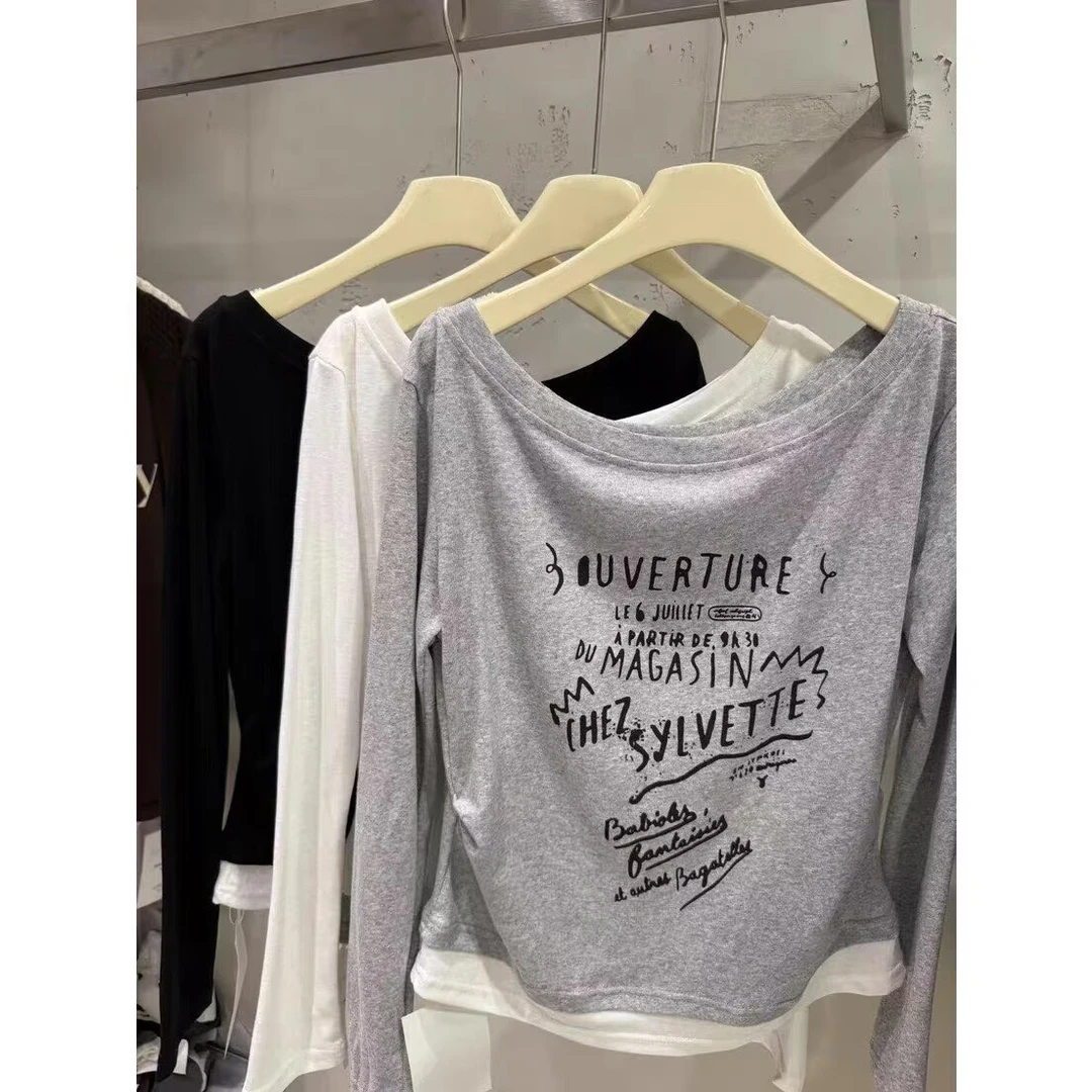 秋季新款长袖T恤韩系设计款假两件撞色长袖T恤女斜肩时尚打底衫女