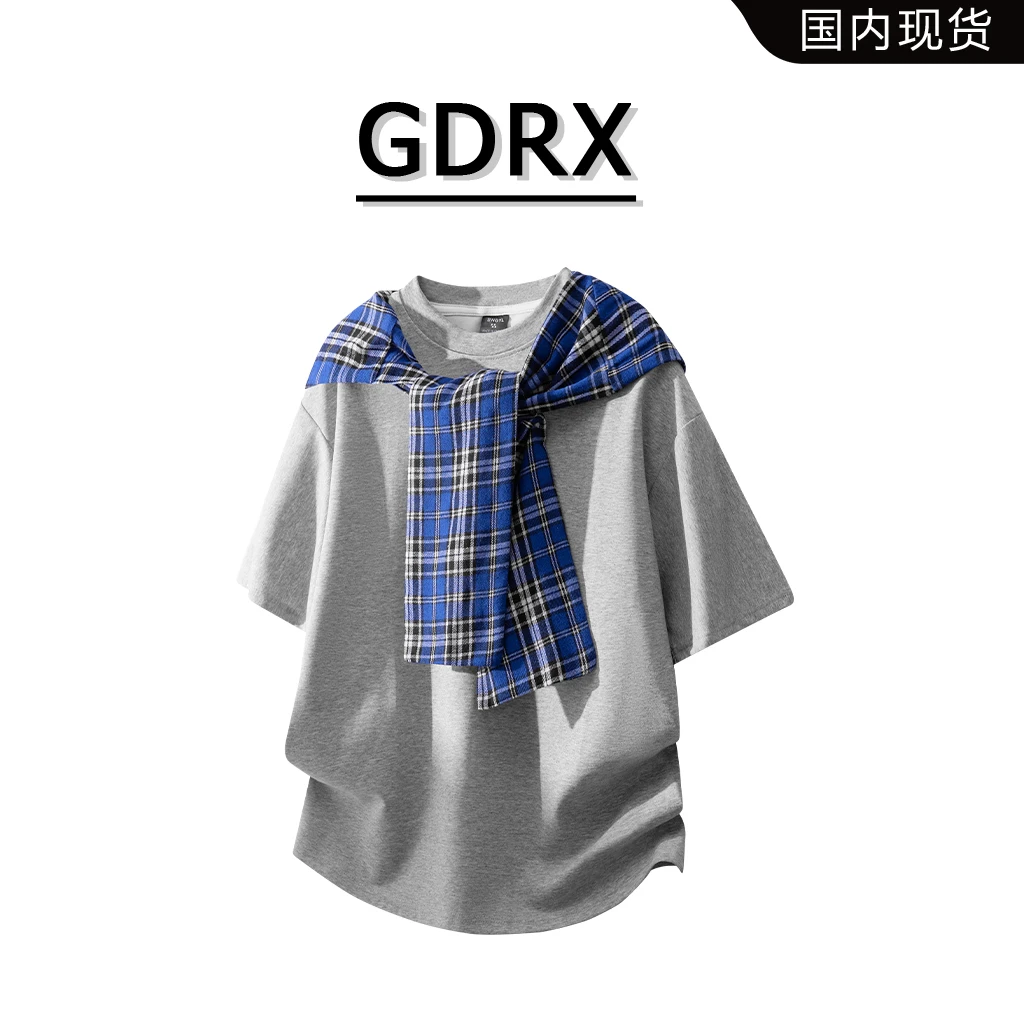 GDRX美式格子披肩假两件短袖T恤男款2025夏季宽松上衣高级感男装