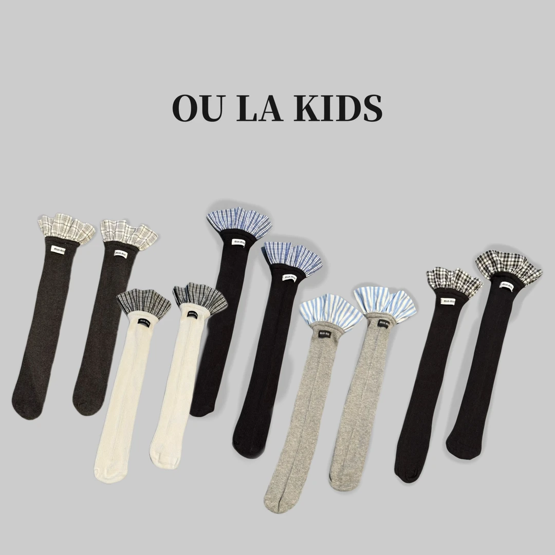 2025春夏季新品女童韩版小众格子花边中筒袜百搭童装堆堆袜XD2502