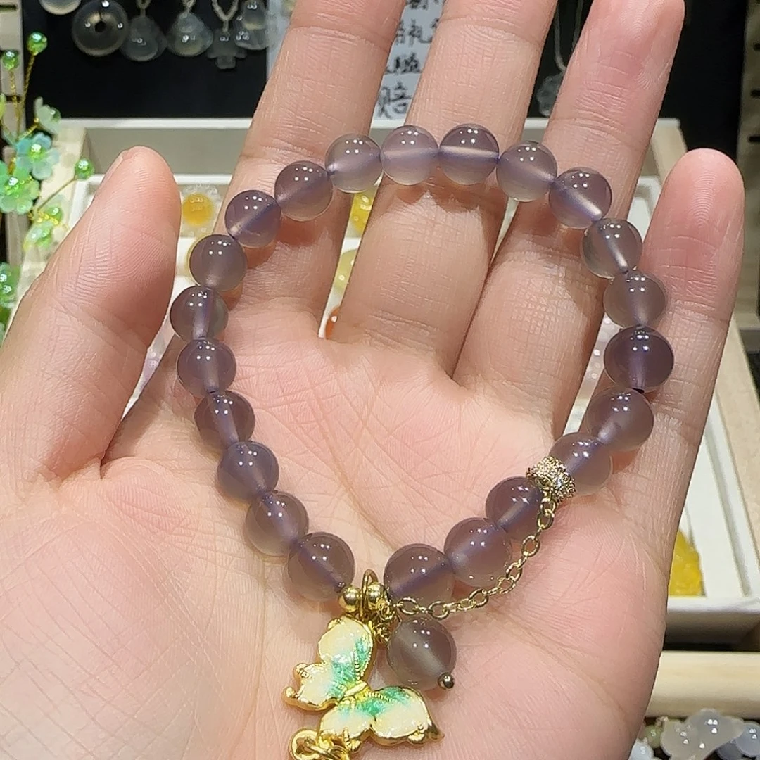玛瑙/玉髓未镶嵌手镯烟紫蝴蝶